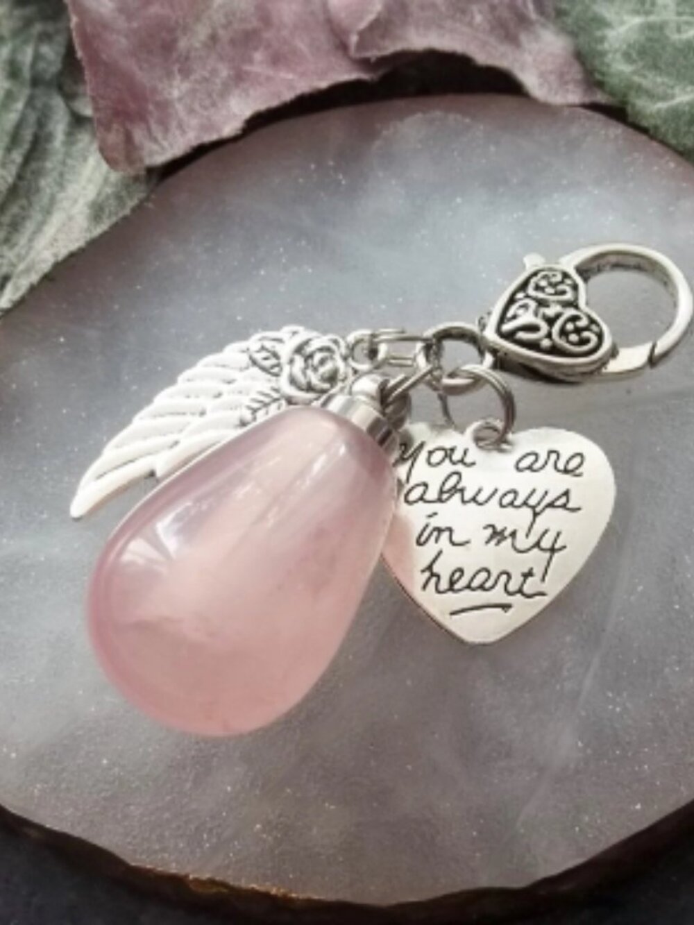 Rose Quartz Keychain Always In My Heart Angel Wing Charm Bag Purse Accessories